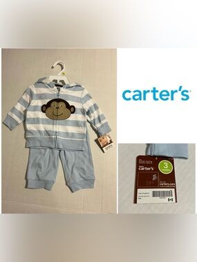 🆕CARTER’S - 3M - NWT - INFANT BOYS 2PC BLUE STRIPE MONKEY SET